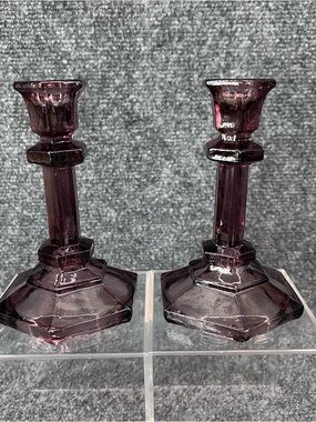 Amethyst Glass Vtg 5” Candle Stick Holder Pair Purple MCM Glows Under 365nm UV